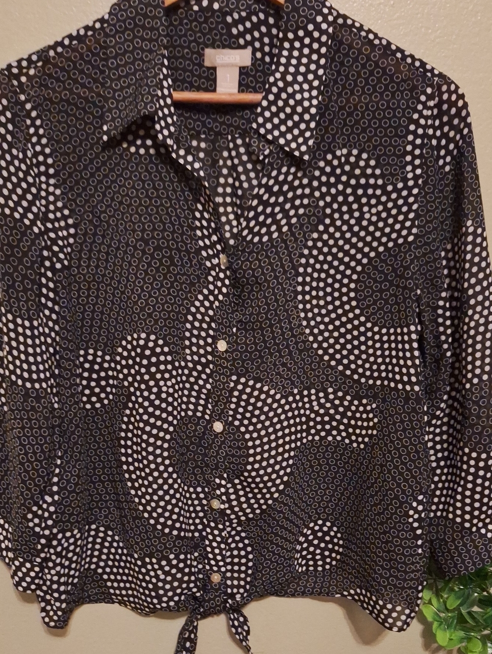 Choco's Black and White Polka Dot Tie-Front Button Down Shirt